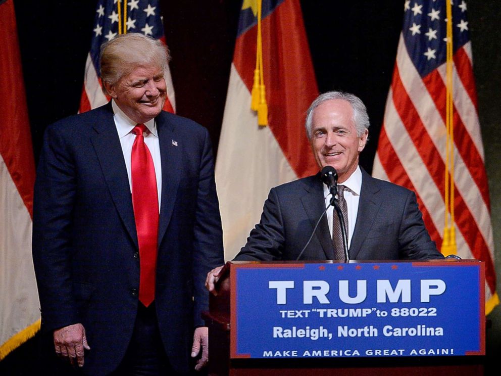 PHOTO: Presumptive Republican presidential nominee Donald Trump stands next to Sen. Bob Corker (R-TN) during a campaign event at the Duke Energy Center for the Performing Arts, July 5, 2016, in Raleigh, N.C.
