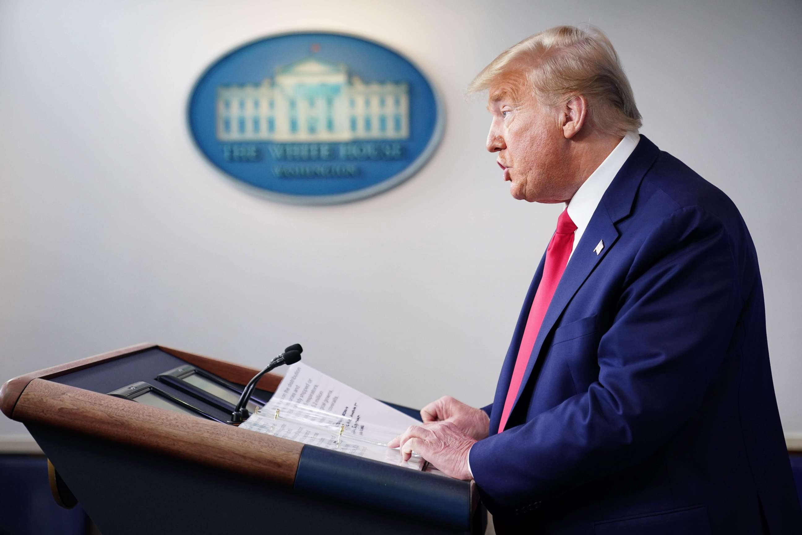 PHOTO: President Donald Trump speaks during the daily briefing on the novel coronavirus, COVID-19, in the Brady Briefing Room at the White House, March 31, 2020, in Washington, DC.