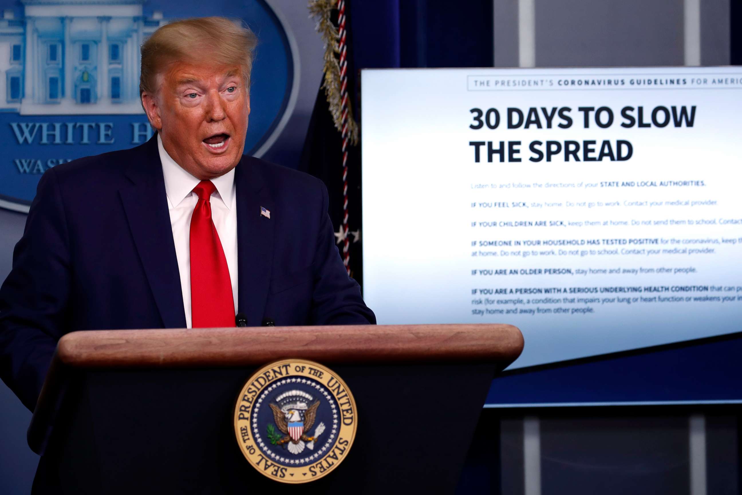 PHOTO: President Donald Trump speaks about the coronavirus in the James Brady Press Briefing Room of the White House, March 31, 2020, in Washington.