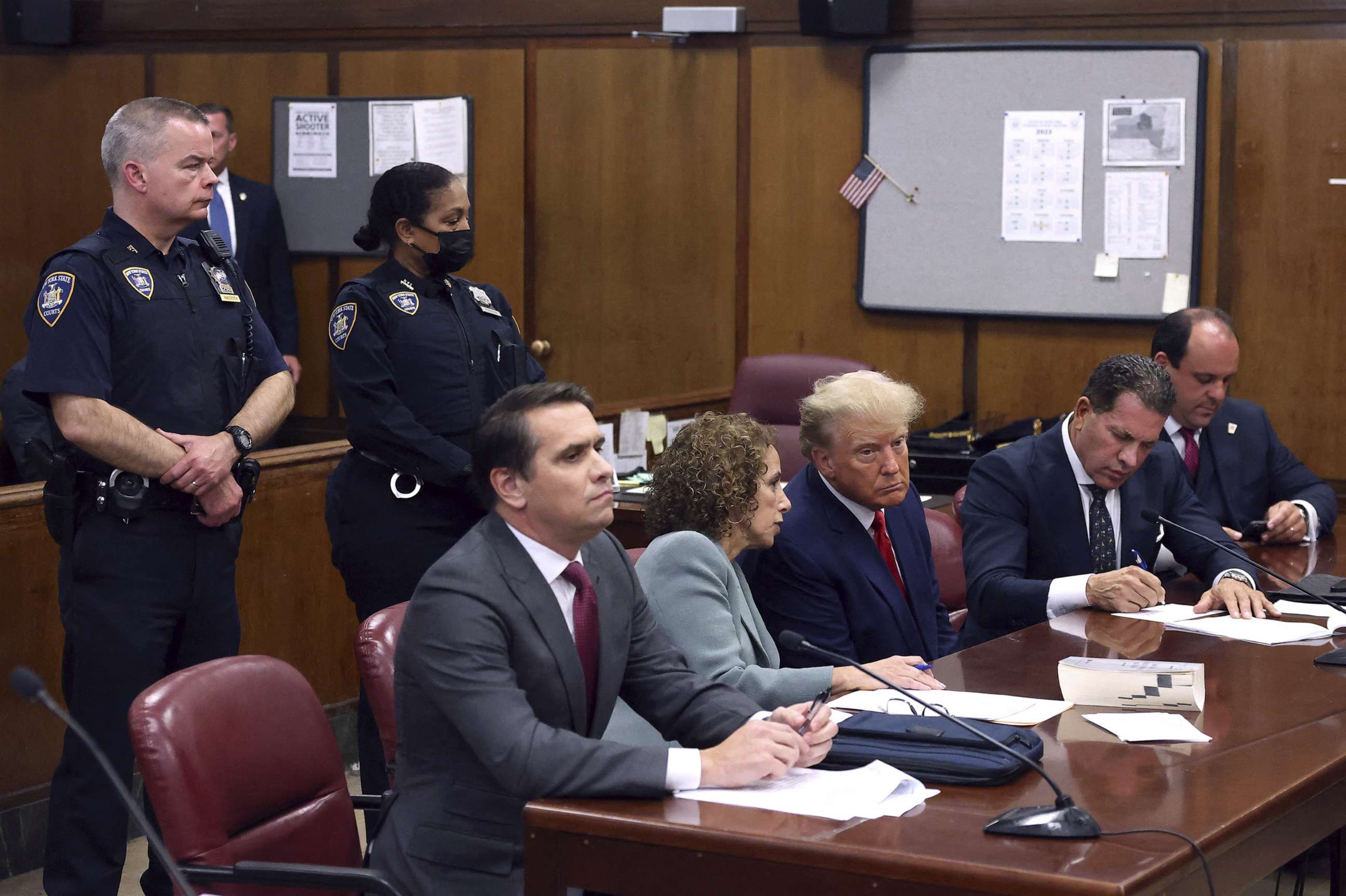 PHOTO: Former President Donald Trump appears in court with his legal team for an arraignment on charges stemming from his indictment by a Manhattan grand jury, in New York City, April 4, 2023.