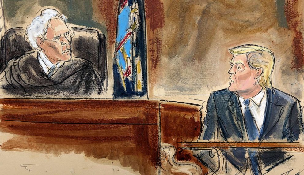 PHOTO: In this courtroom sketch, Judge Arthur Engoron questions former President Donald Trump on the witness stand in New York Supreme Court, on Oct. 25, 2023, in New York.