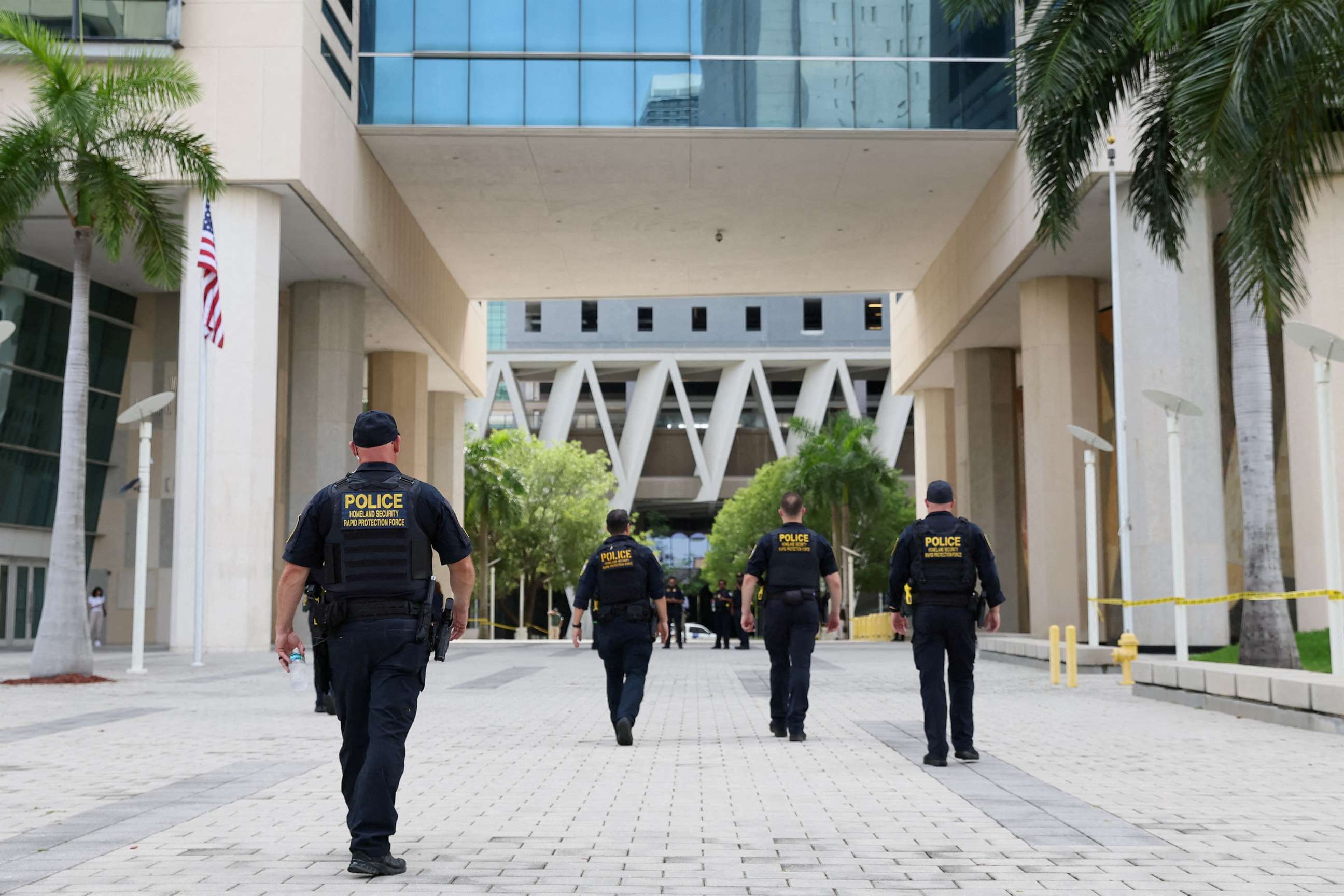 PHOTO: Homeland Security Police officers patrol outside of The Wilkie D. Ferguson Jr. United States Courthouse, ahead of former President Donald Trump's appearance there on classified document charges in Miami, June 12, 2023.