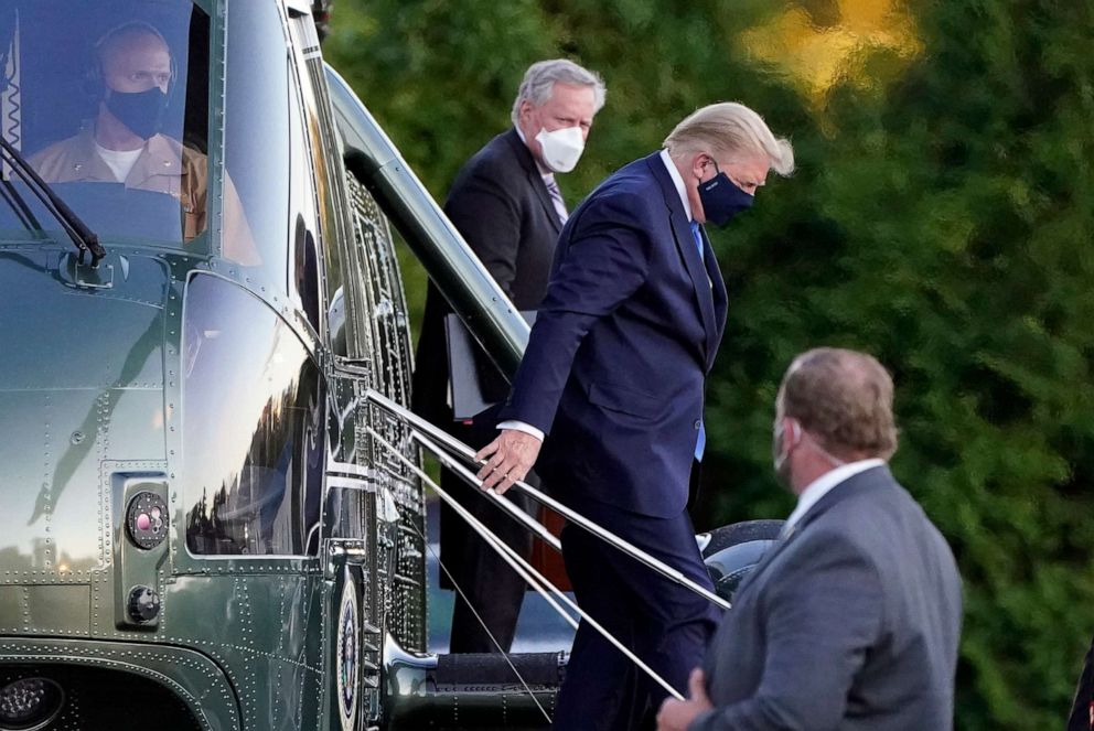 PHOTO: President Donald Trump arrives at Walter Reed National Military Medical Center, in Bethesda, Md., Oct. 2, 2020, on Marine One after he tested positive for COVID-19.