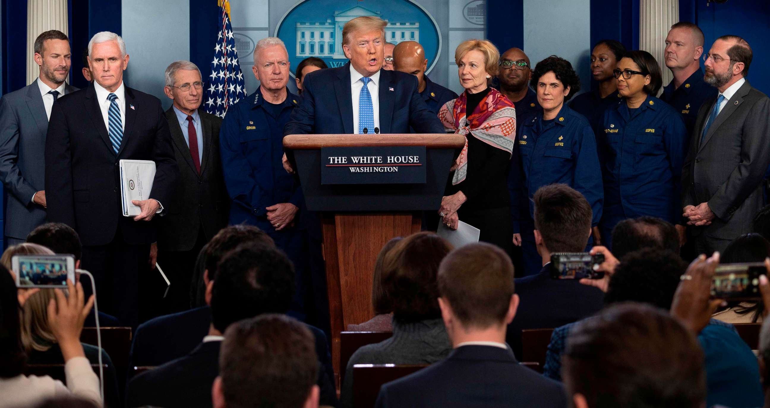 PHOTO: President Donald Trump speaks during a press briefing about the Coronavirus (COVID-19) alongside Vice President Mike Pence and members of the Coronavirus Task Force in the Brady Press Briefing Room at the White House in Washington, March 15, 2020.