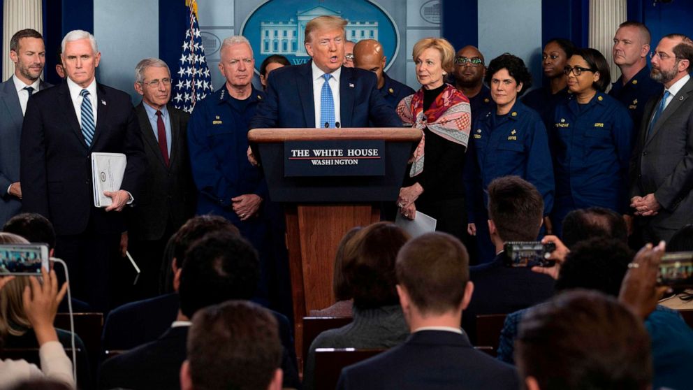 PHOTO: President Donald Trump speaks during a press briefing about the Coronavirus (COVID-19) alongside Vice President Mike Pence and members of the Coronavirus Task Force in the Brady Press Briefing Room at the White House in Washington, March 15, 2020.