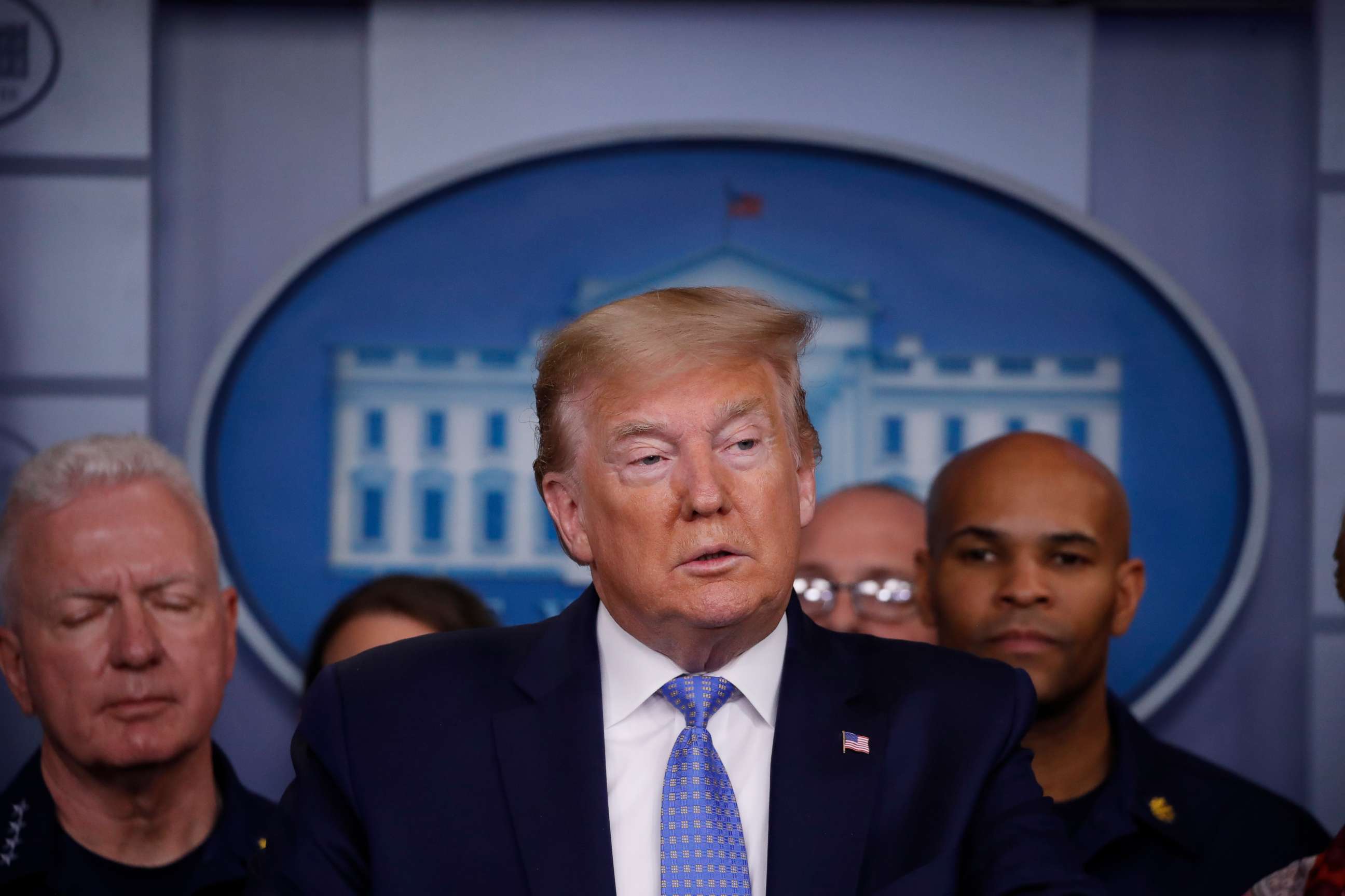 PHOTO: President Donald Trump speaks during a briefing about the coronavirus in the James Brady Press Briefing Room of the White House, March 15, 2020, in Washington. 