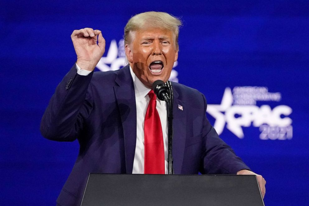 PHOTO: Former President Donald Trump speaks at the Conservative Political Action Conference (CPAC), Sunday, Feb. 28, 2021, in Orlando, Fla. 