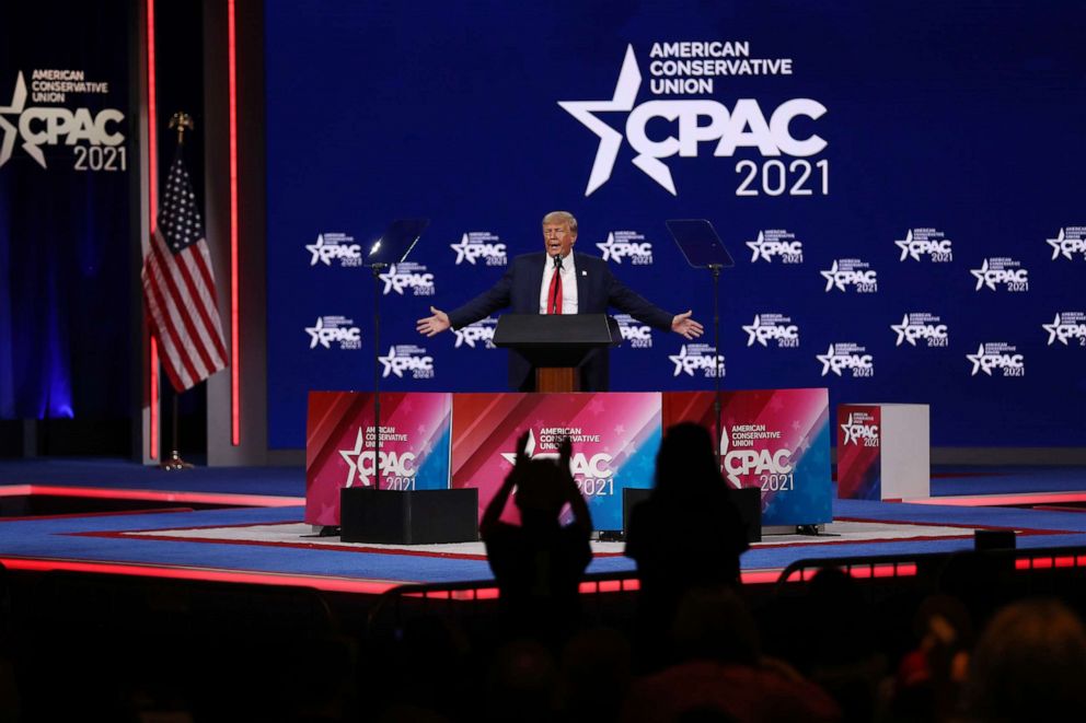 PHOTO: ORLANDO, FLORIDA - FEBRUARY 28:  Former U.S. President Donald Trump addresses the Conservative Political Action Conference (CPAC) held in the Hyatt Regency on February 28, 2021 in Orlando, Florida. 