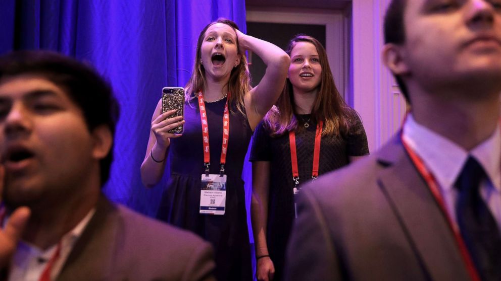 PHOTO: Young supporters cheer as President Donald Trump addresses the Conservative Political Action Conference, Feb. 23, 2018 in National Harbor, Md.
