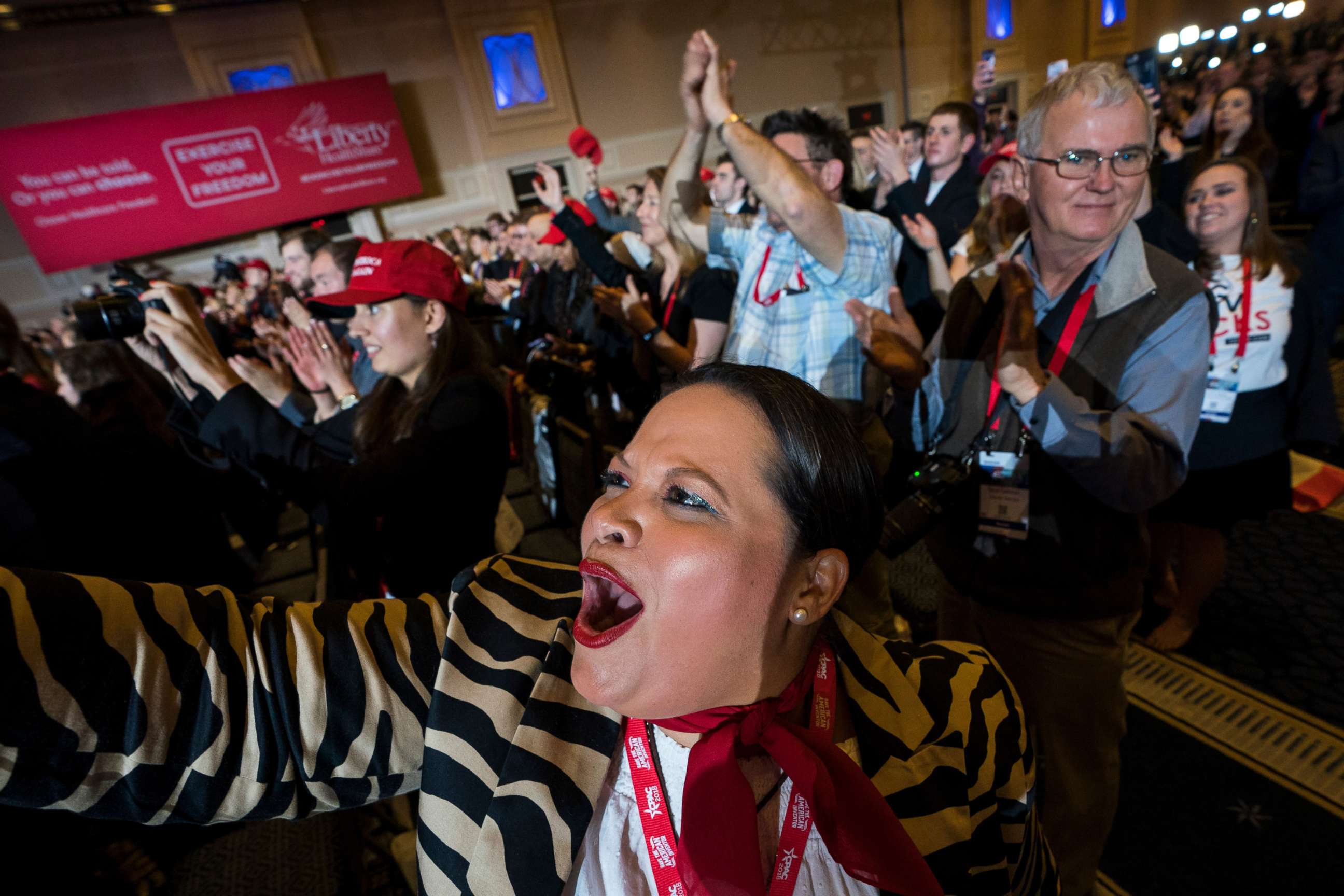 PHOTO: Ana Veronica Lacayo cheers as President Donald Trump addresses the Conservative Political Action Conference in National Harbor, Md., Feb. 23, 2018.