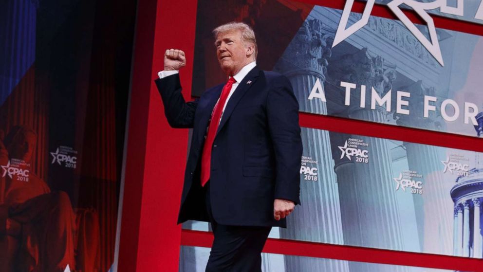 President Donald Trump pumps his fist after delivering remarks to the Conservative Political Action Conference, Feb. 23, 2018, in Oxon Hill, Md.