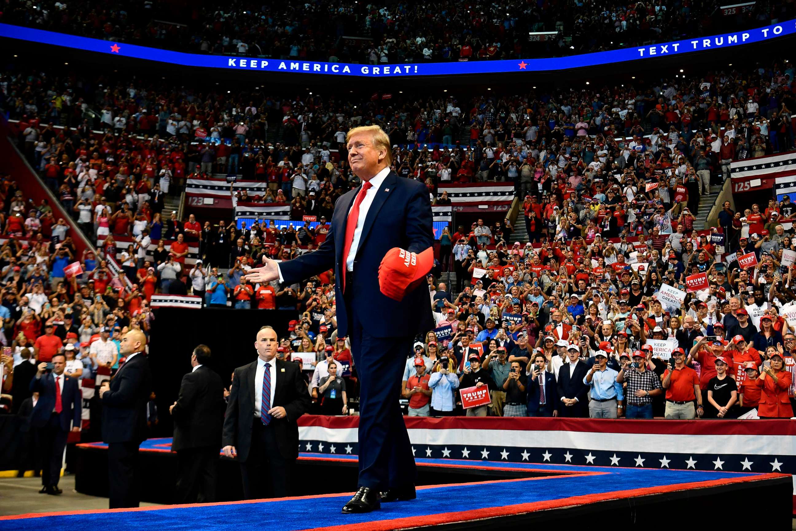 PHOTO: President Donald Trump arrives for a "Keep America Great" campaign rally at the BB&T Center in Sunrise, Fla. on Nov. 26, 2019.