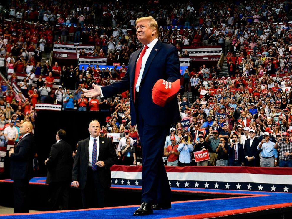 PHOTO: President Donald Trump arrives for a Keep America Great campaign rally at the BB&T Center in Sunrise, Fla. on Nov. 26, 2019.