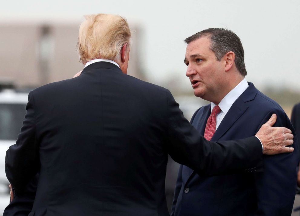 PHOTO: President Donald Trump greets Sen. Ted Cruz upon arriving at the Ellington Field Joint Reserve Base in Houston, Texas, Oct. 22, 2018.
