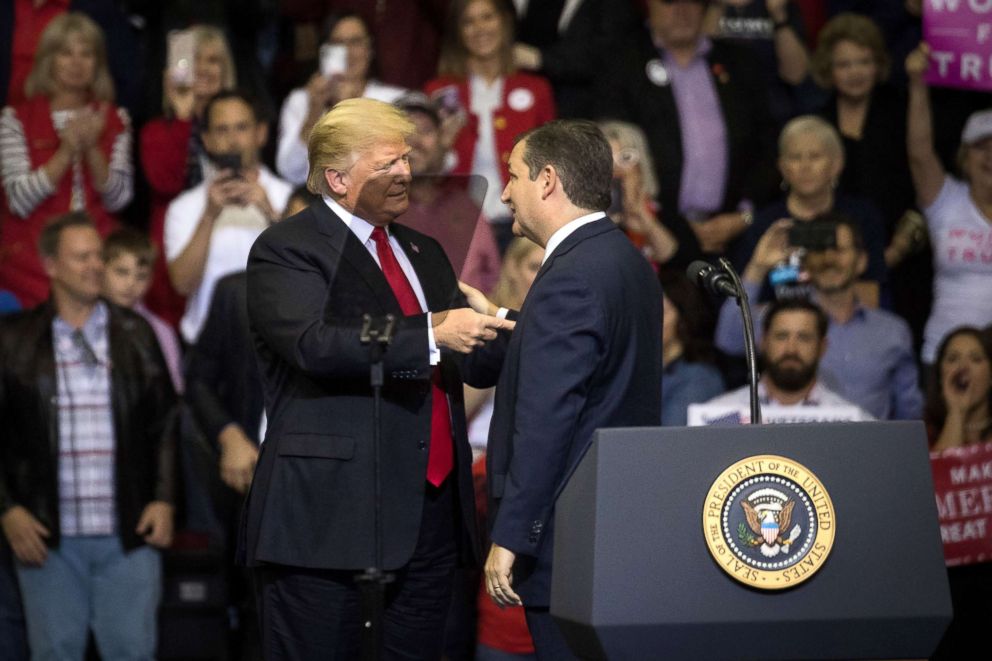 PHOTO: President Donald Trump is brought on stage by Sen. Ted Cruz during a rally, Oct. 22, 2018, at the Toyota Center in Houston, Texas.