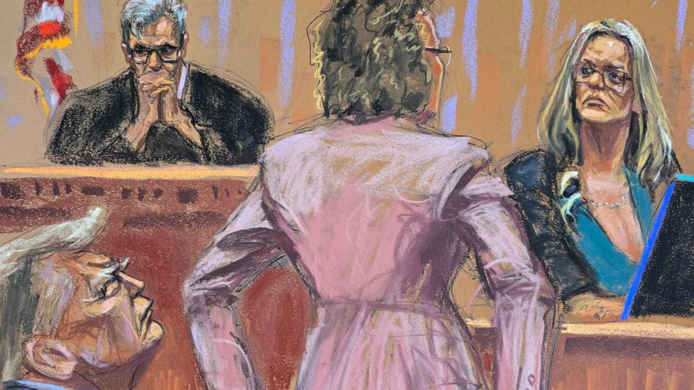PHOTO: Former President Donald Trump watches as Stormy Daniels is questioned by defense attorney Susan Necheles during Trump's criminal trial in Manhattan state court in New York City, May 9, 2024 in this courtroom sketch.