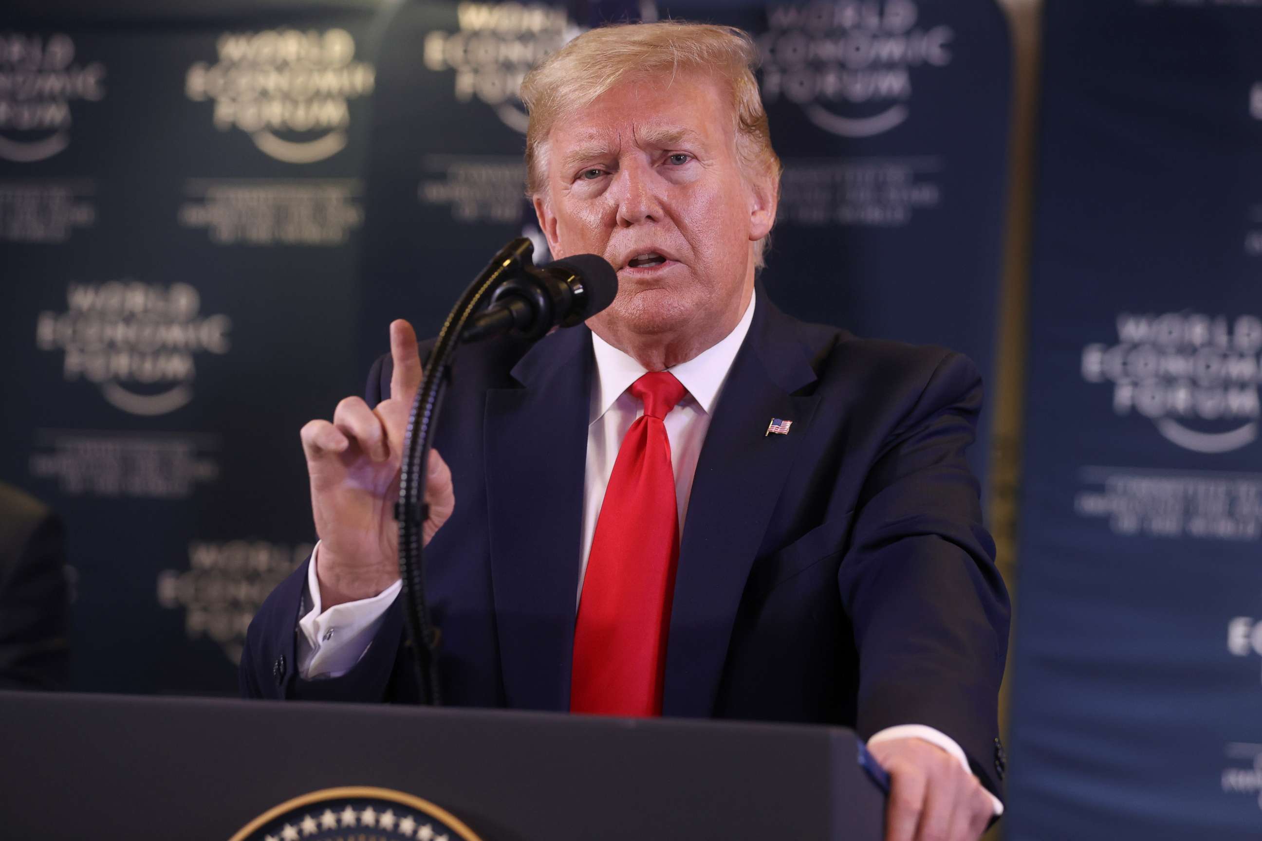 PHOTO: President Donald Trump holds a news conference at the 50th World Economic Forum in Davos, Switzerland, Jan. 22, 2020. 
