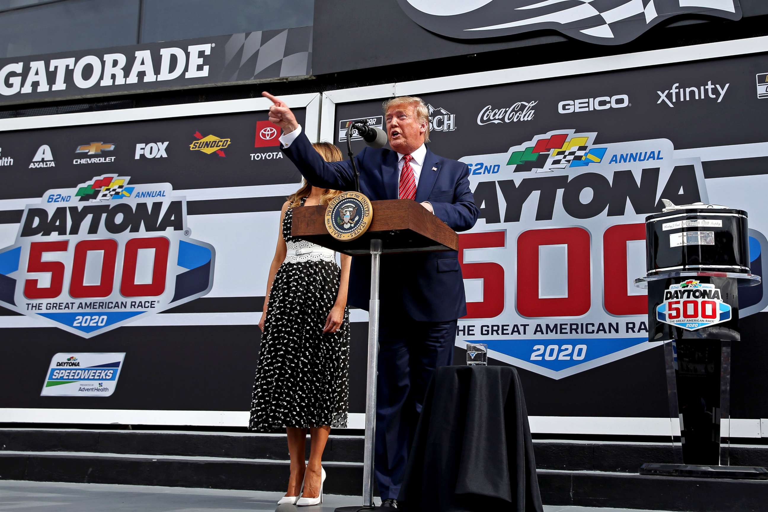 PHOTO: President Donald Trump speaks before the Daytona 500 at Daytona International Speedway in Daytona Beach, Fla., Fwb. 16, 2020.