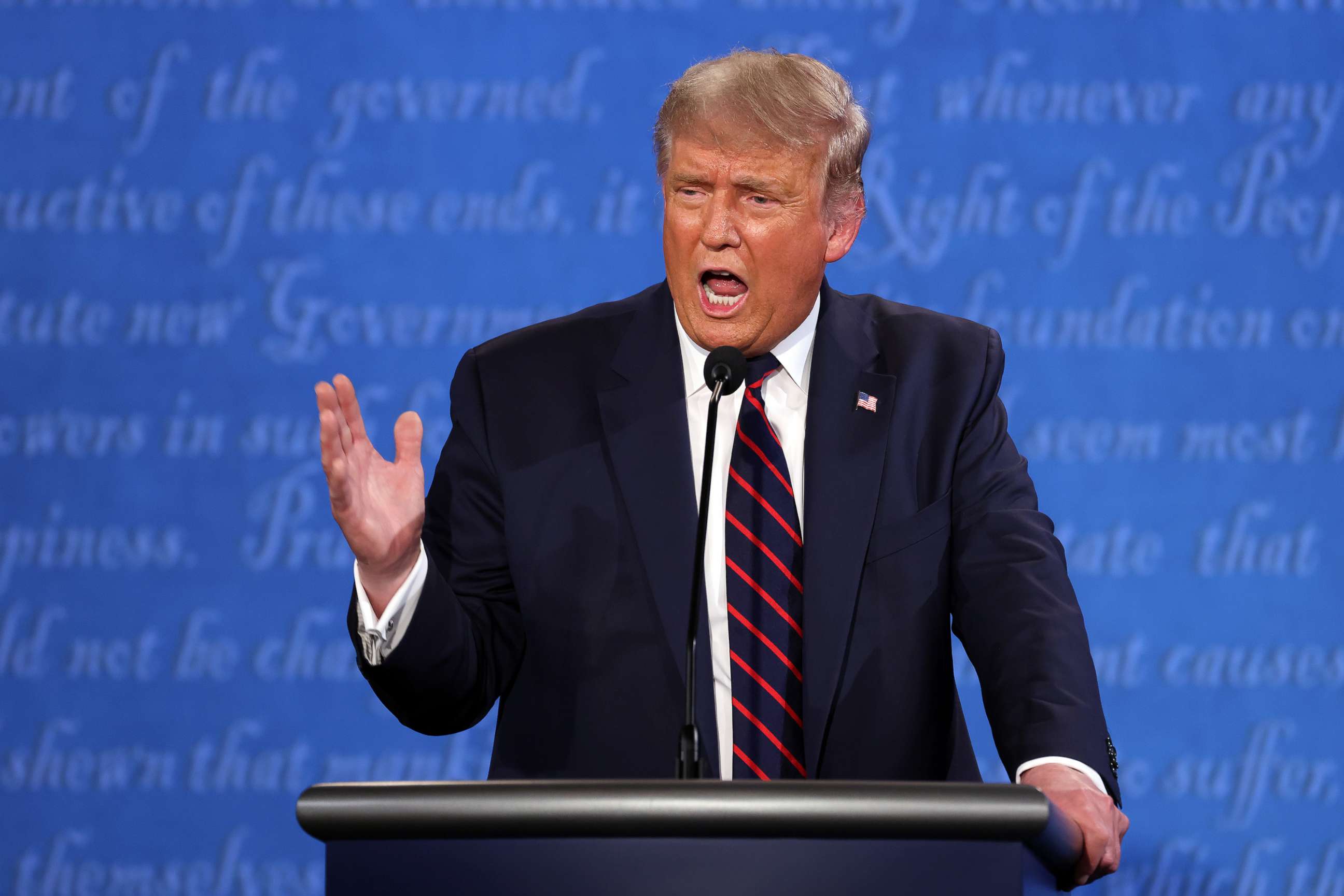 PHOTO: President Donald Trump participates in the first presidential debate against Democratic presidential nominee Joe Biden at the Health Education Campus of Case Western Reserve University on Sept. 29, 2020 in Cleveland.