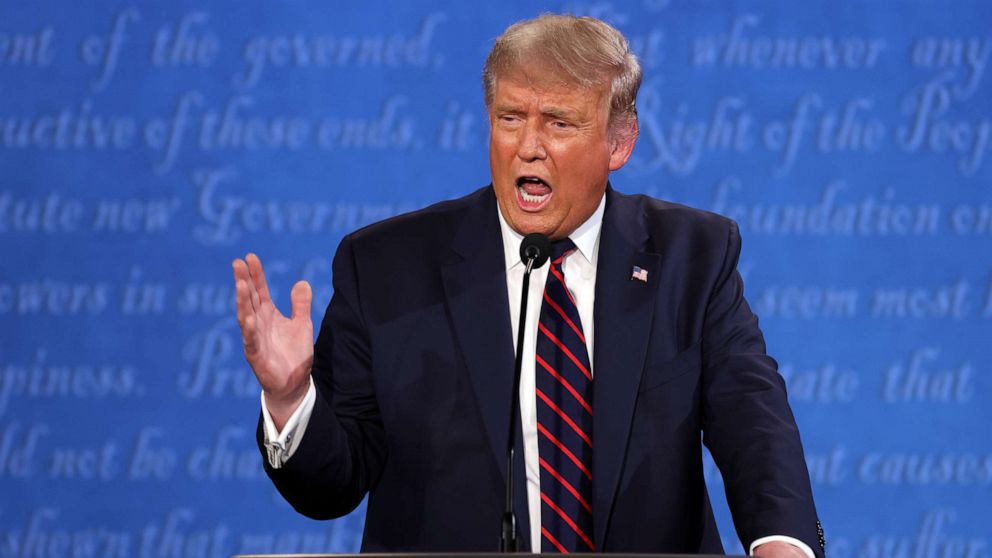 PHOTO: President Donald Trump participates in the first presidential debate against Democratic presidential nominee Joe Biden at the Health Education Campus of Case Western Reserve University on Sept. 29, 2020 in Cleveland.