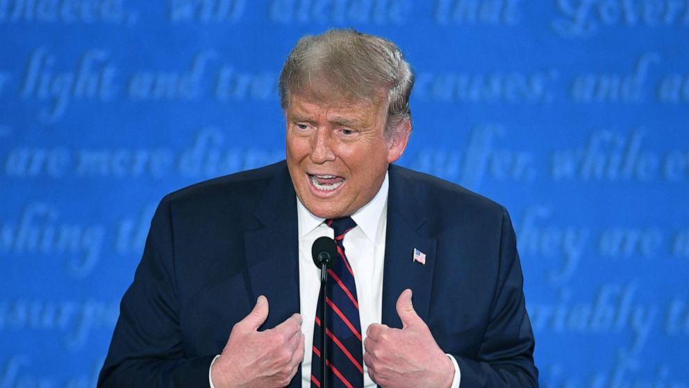 PHOTO: President Donald Trump speaks during the first presidential debate at Case Western Reserve University and Cleveland Clinic in Cleveland, Sept. 29, 2020. 