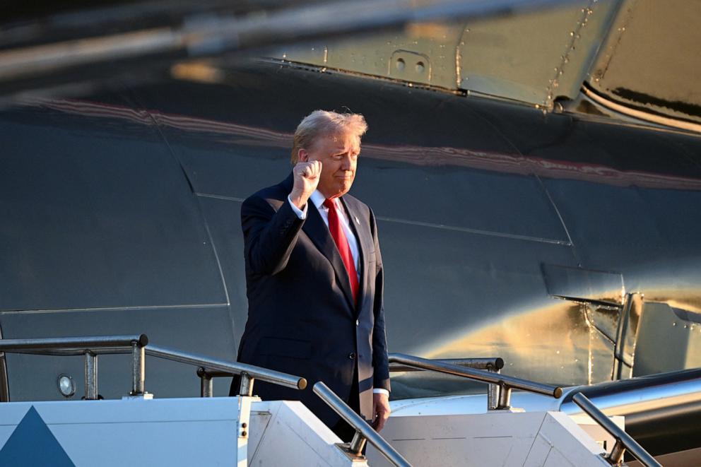 PHOTO: Former President and Republican presidential candidate Donald Trump steps off his plane upon arrival at Philadelphia International Airport in Philadelphia, on Sept. 10, 2024.