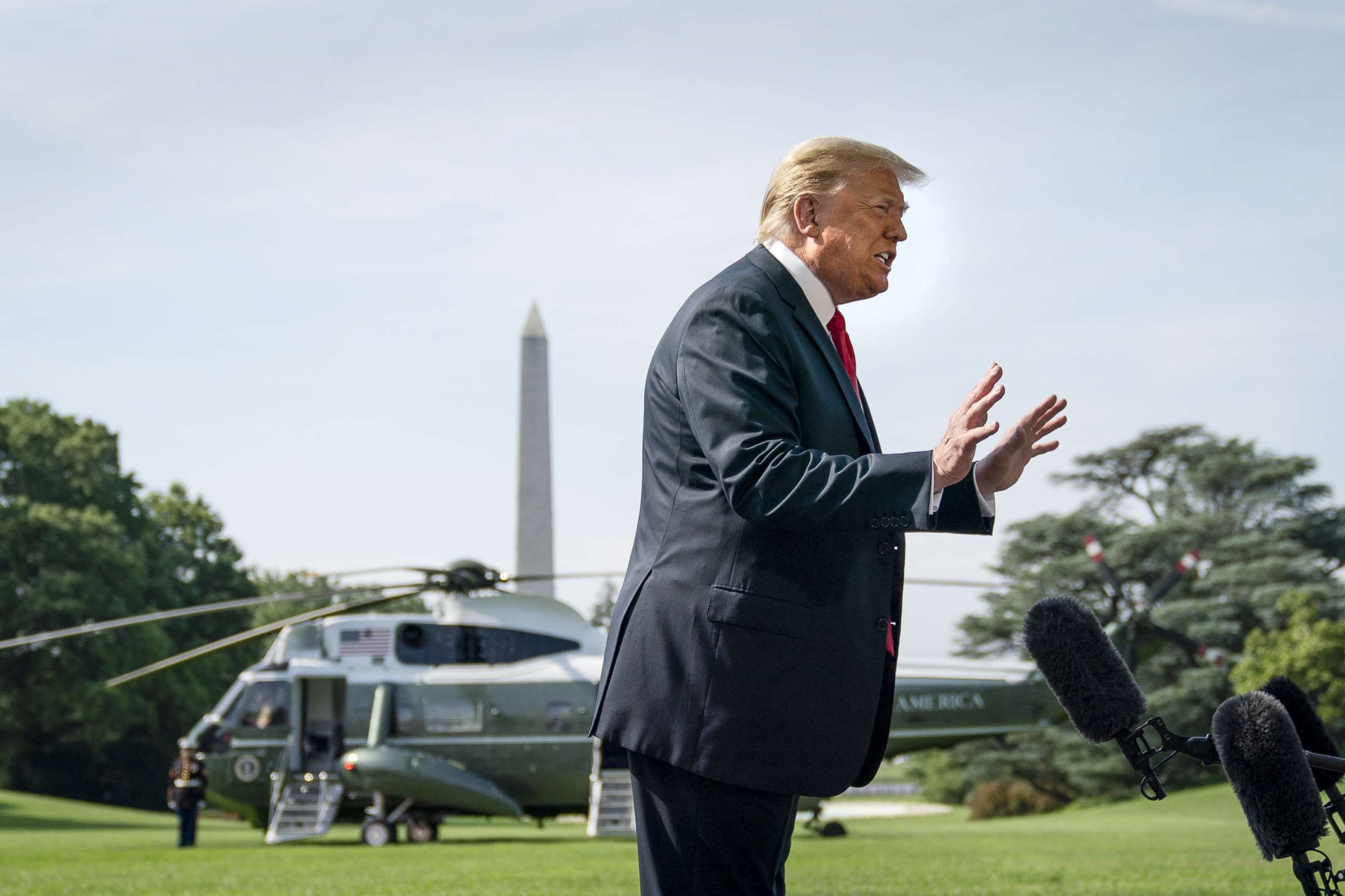 PHOTO: President Donald Trump speaks to reporters before boarding Marine One on the South Lawn of the White House, June 23, 2020 to travel to Arizona.