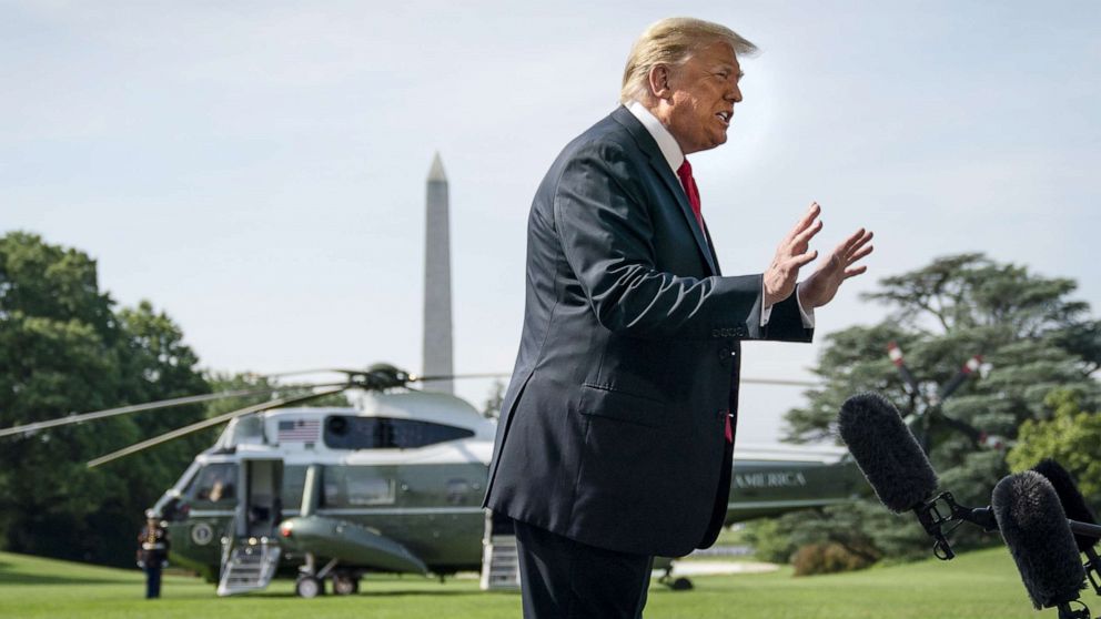 PHOTO: President Donald Trump speaks to reporters before boarding Marine One on the South Lawn of the White House, June 23, 2020 to travel to Arizona.
