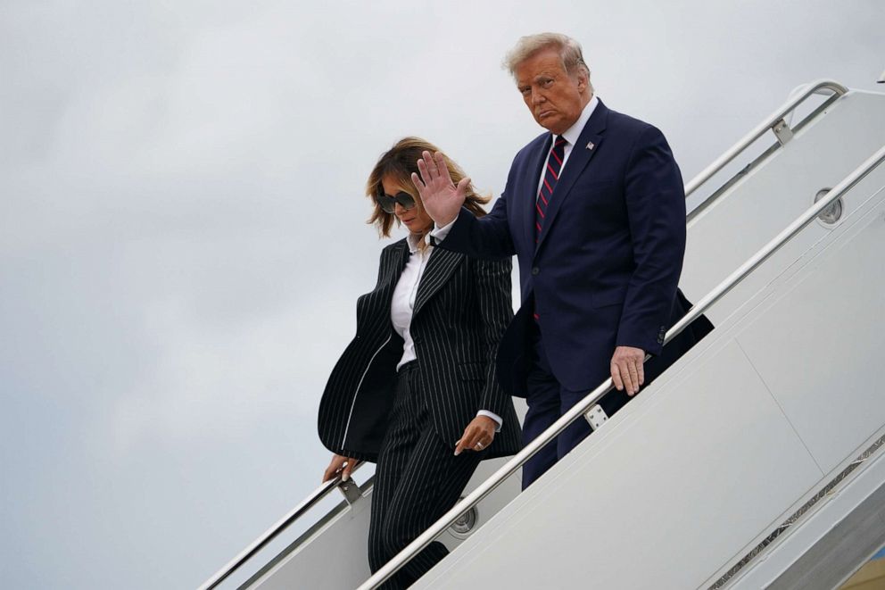PHOTO: President Donald Trump and first lady Melania Trump step off Air Force One upon arrival at Cleveland Hopkins International Airport in Cleveland, Sept. 29, 2020, ahead of the first of three presidential debates.
