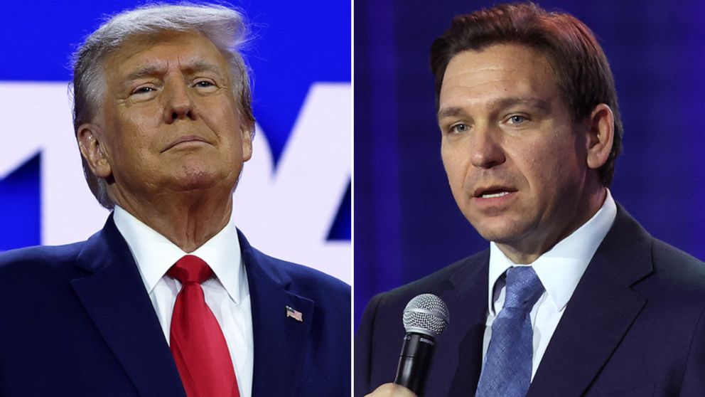 PHOTO: Former President Donald Trump arrives to address the annual CPAC, March 4, 2023, in National Harbor, Md. Florida Gov. Ron DeSantis speaks to Iowa voters gathered at the Iowa State Fairgrounds, March 10, 2023, in Des Moines, Iowa.
