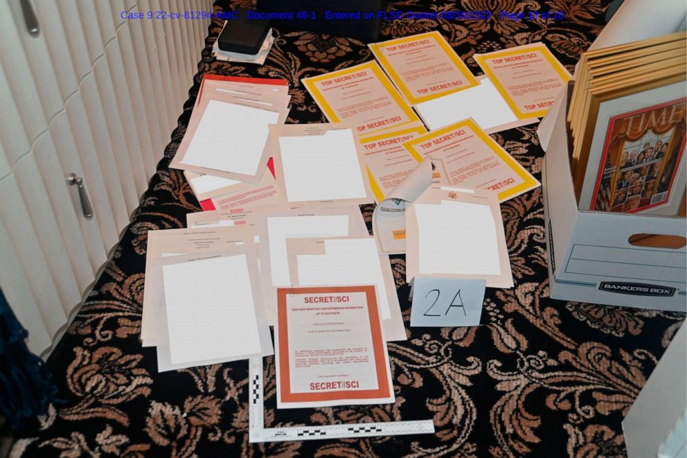 PHOTO: This image contained in a court filing by the Department of Justice on Aug. 30, 2022, shows a photo of documents seized during the Aug. 8 search by the FBI of former President Donald Trumps Mar-a-Lago estate in Florida.