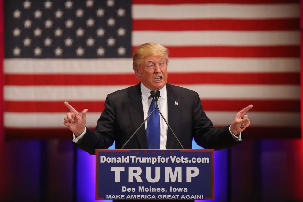 PHOTO: Then-Republican presidential candidate Donald Trump speaks to veterans at Drake University on Jan. 28, 2016 in Des Moines, Iowa.