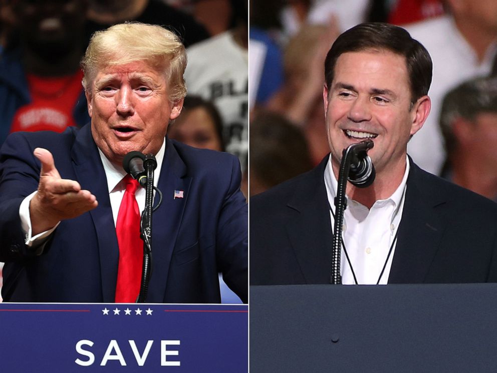 PHOTO: Former President Donald Trump speaks during a rally on July 9, 2022, in Anchorage, Alaska. | In this Oct. 19, 2018, file photo, Arizona Gov. Doug Ducey speaks during a rally for President Donald Trump in Mesa, Ariz.