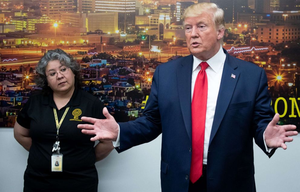 PHOTO: President Donald Trump addresses the press during a visit to El Paso Regional Communications Center in El Paso, Texas, August 7, 2019, following last weekend's mass shootings.