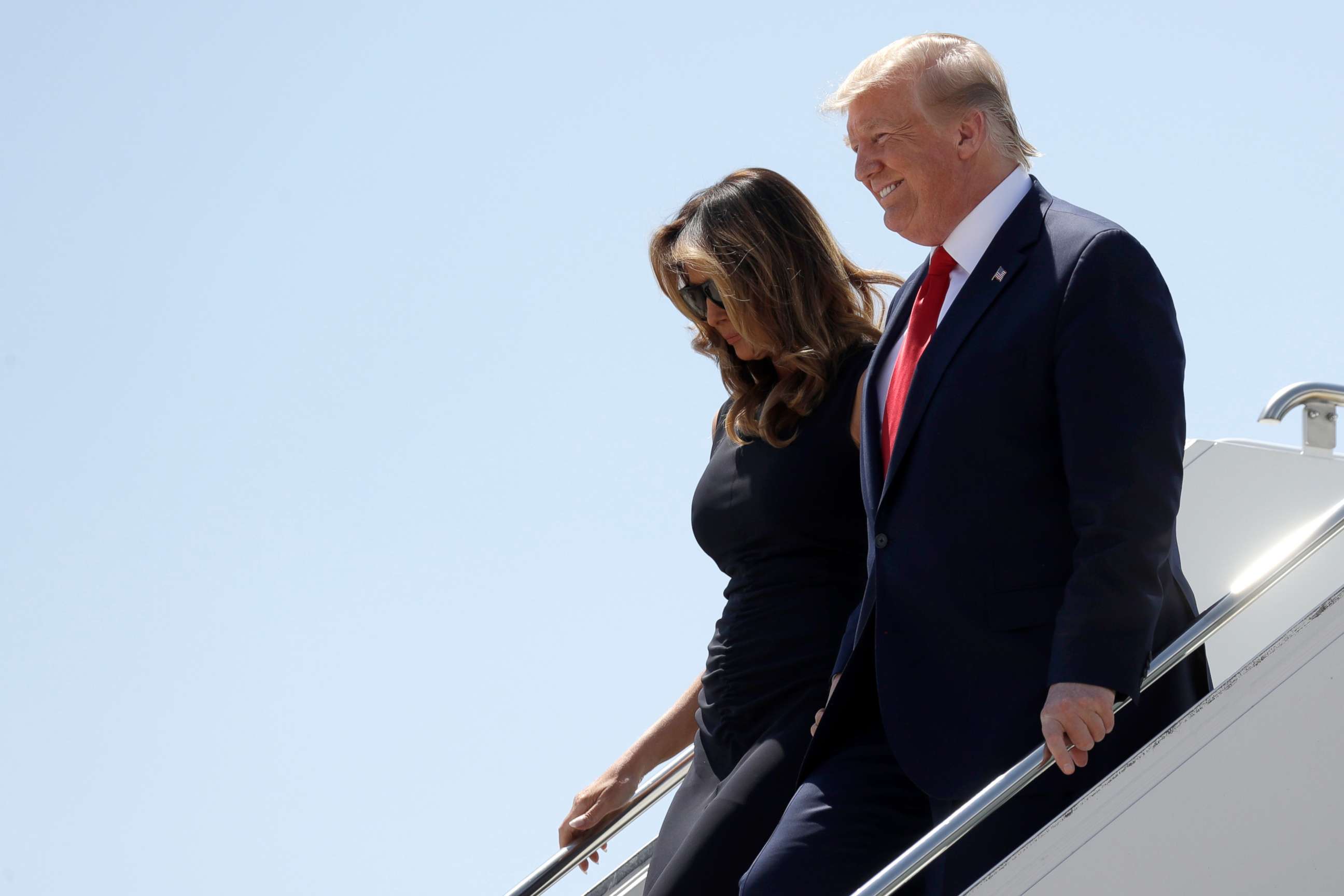 PHOTO: President Donald Trump and first lady Melania Trump arrive at El Paso International Airport to meet with people affected by the El Paso mass shooting, Aug. 7, 2019, in El Paso, Texas.