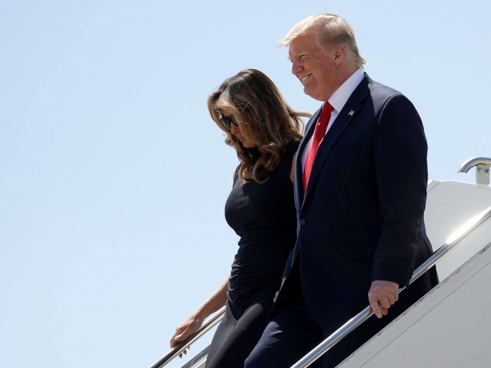 PHOTO: President Donald Trump and first lady Melania Trump arrive at El Paso International Airport to meet with people affected by the El Paso mass shooting, Aug. 7, 2019, in El Paso, Texas.