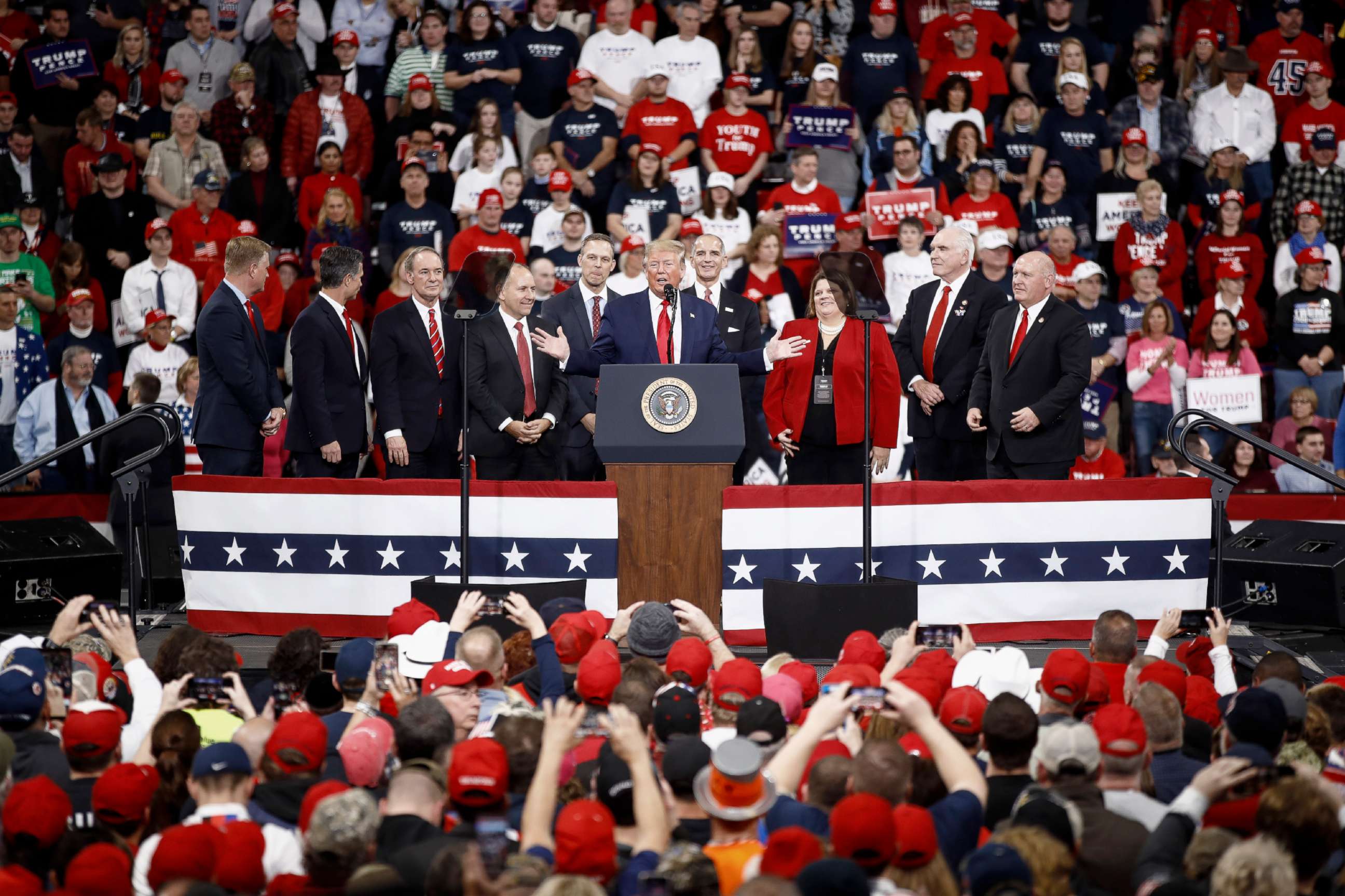 PHOTO: President Donald Trump, at podium, speaks during a campaign rally in Hershey, Pa., Dec. 10, 2019.