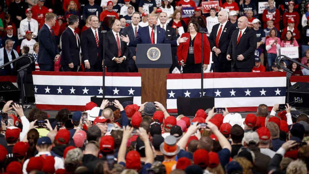 PHOTO: President Donald Trump, at podium, speaks during a campaign rally in Hershey, Pa., Dec. 10, 2019.