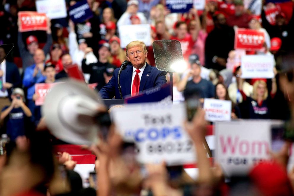 PHOTO: President Donald Trump speaks to supporters during a rally, March 2, 2020 in Charlotte, N.C.