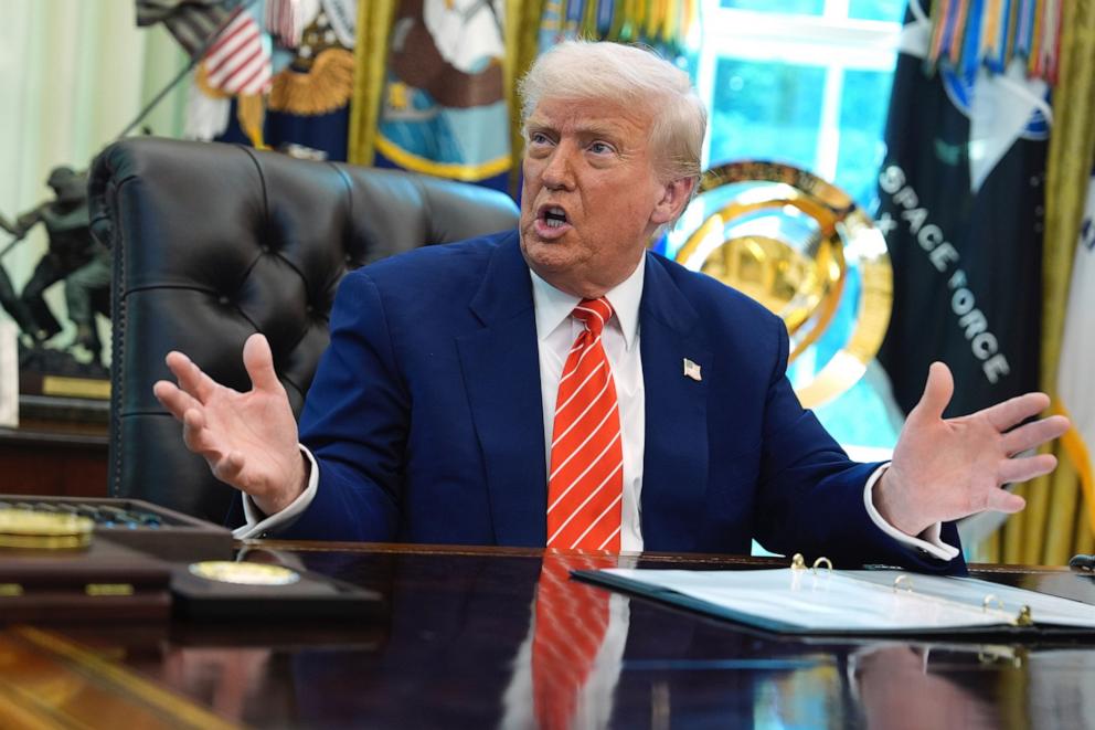 PHOTO: President Donald Trump speaks during a news conference with Elon Musk in the Oval Office of the White House, Friday, May 30, 2025, in Washington.