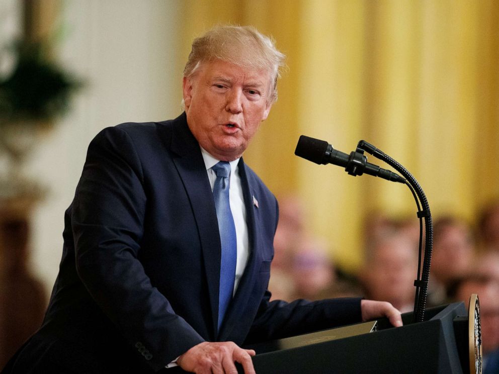 PHOTO: President Donald Trump speaks during an event on the environment in the East Room of the White House, July 8, 2019, in Washington.