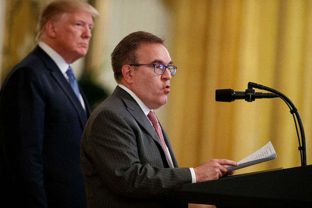 PHOTO: President Donald Trump listens as Environmental Protection Agency Administrator Andrew Wheeler speaks during an event on the environment in the East Room of the White House, July 8, 2019, in Washington.