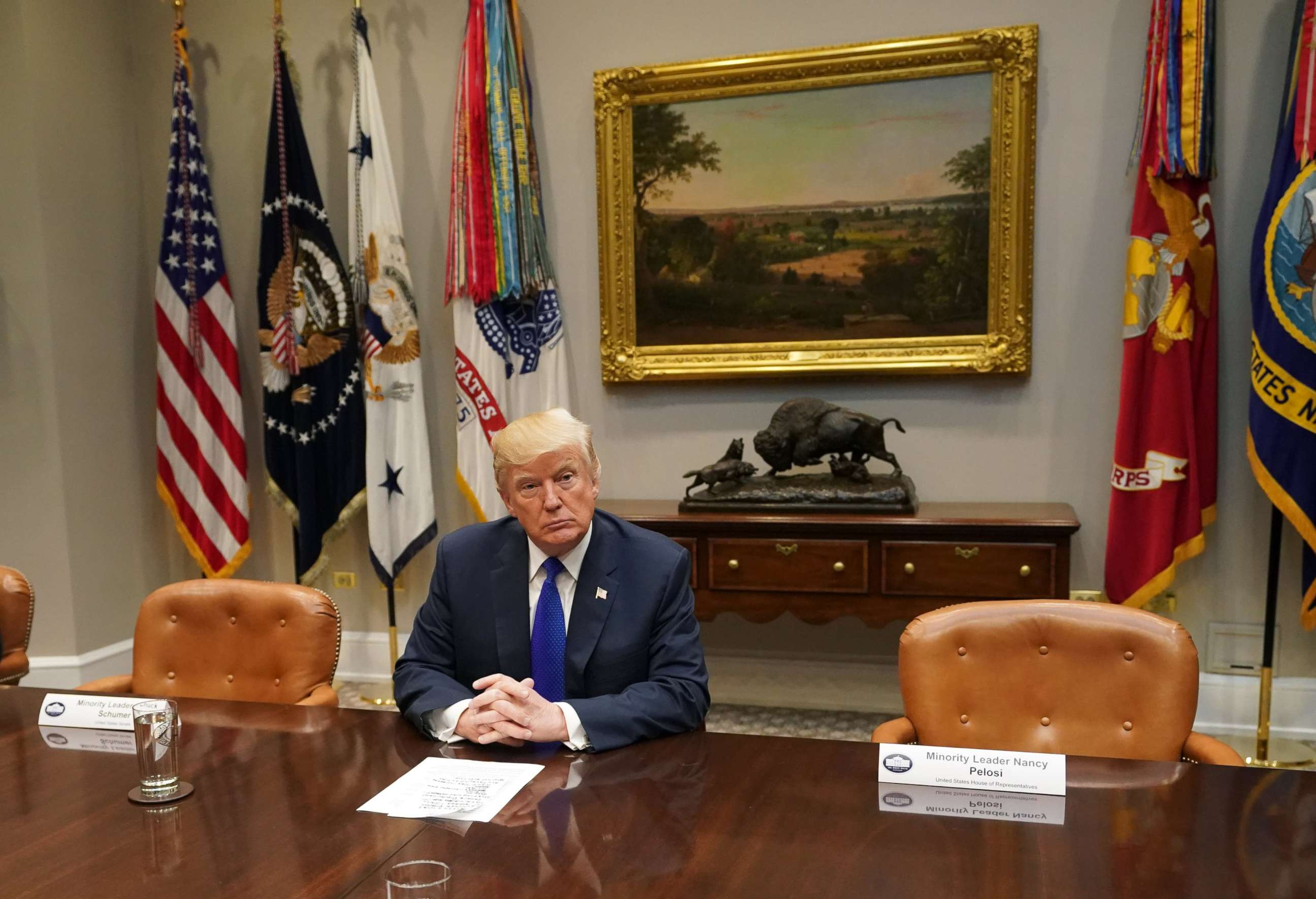 PHOTO: Donald Trump speaks to the media during a meeting with congressional leadership in the Roosevelt Room at the White House, Nov. 28, 2017.  Trump spoke on the recent intercontinental ballistic missile launch by North Korea. 