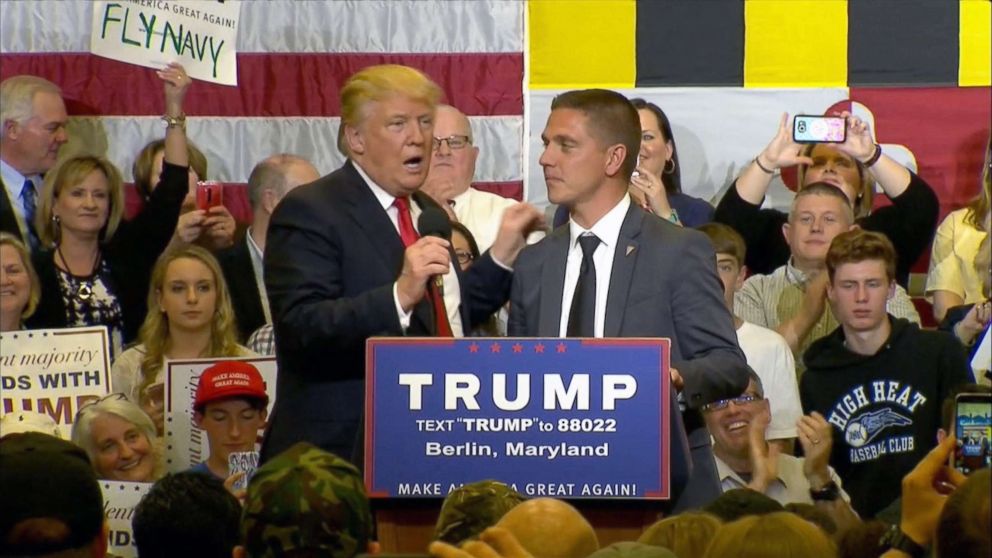 PHOTO: Presidential candidate Donald Trump invites Kevin Chmielewski on stage during a campaign rally in Berlin, Md., April 2017.