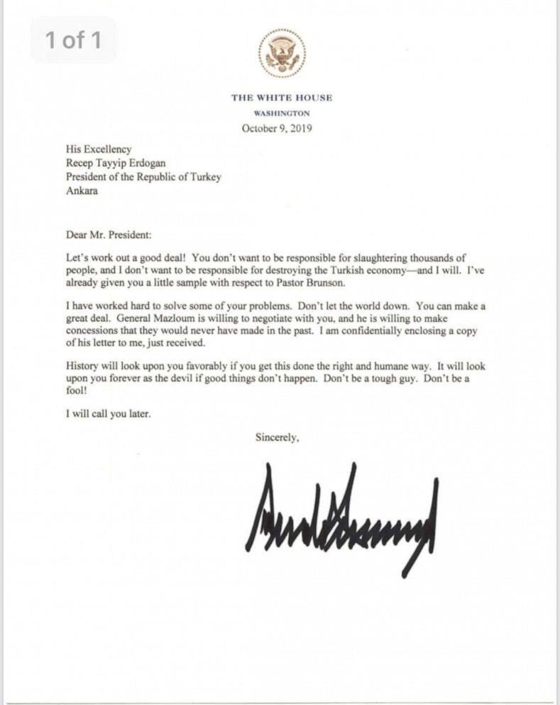 PHOTO: A letter from President Donald Trump to Turkey's President Tayyip Erdogan, dated Oct. 9, 2019, warning Erdogan about Turkish military policy and the Kurdish people in Syria, after being released by the White House on Oct. 16, 2019.
