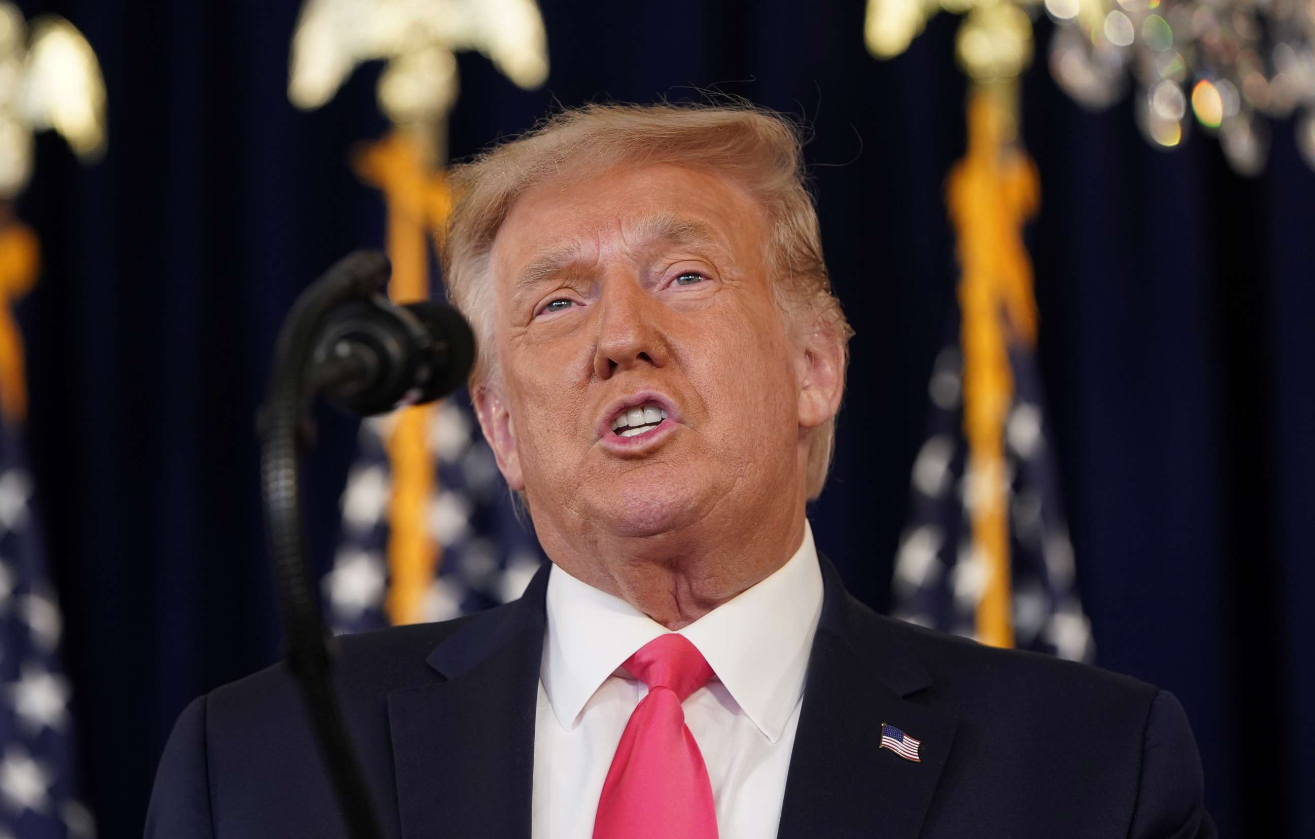 PHOTO: President Donald Trump speaks during a news conference amid the spread of the novel coronavirus, at his golf resort in Bedminster, N.J., Aug. 8, 2020.