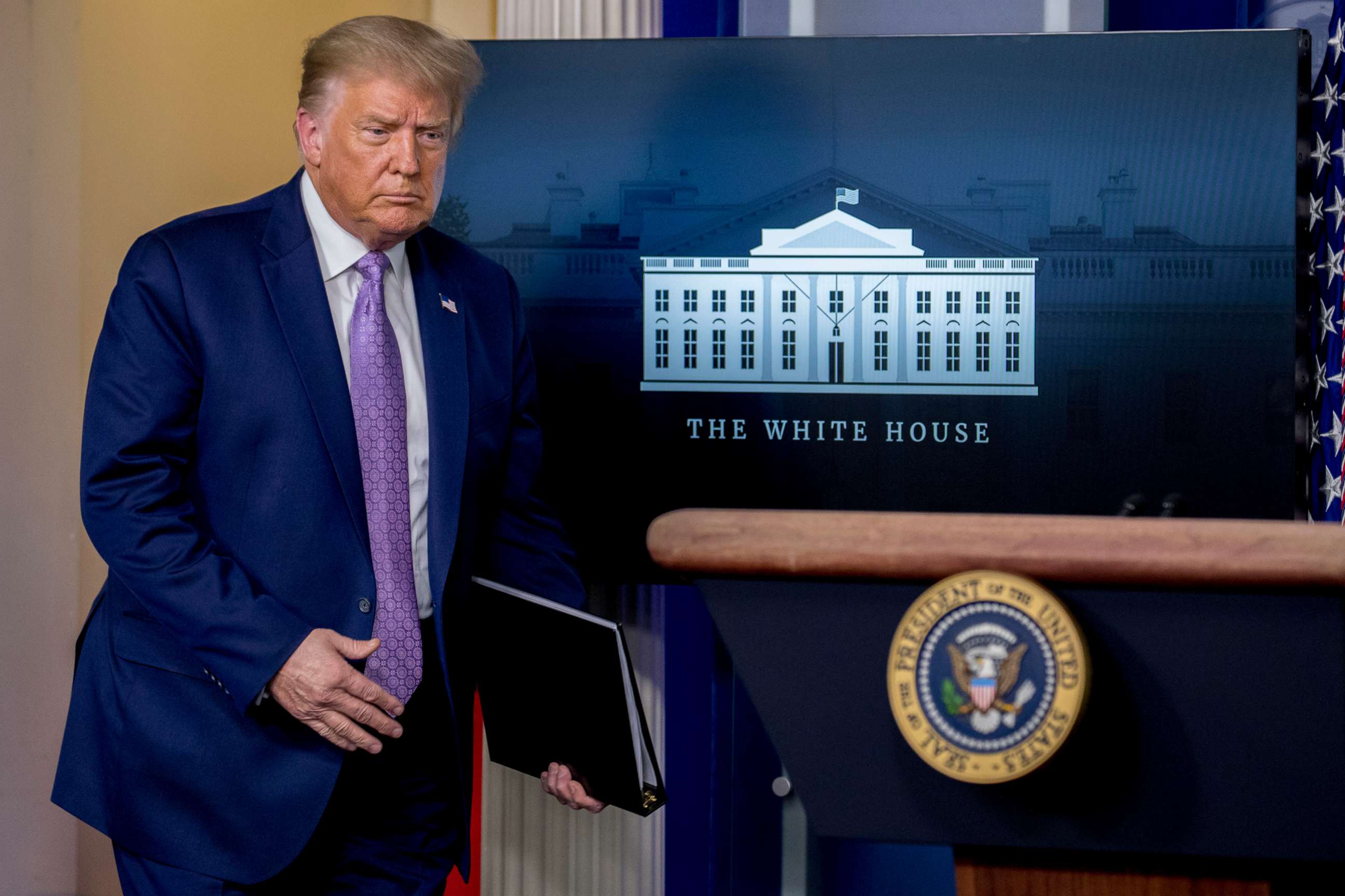 PHOTO: President Donald Trump arrives for a briefing in the James Brady Press Briefing Room of the White House, Wednesday, Aug. 5, 2020 in Washington.