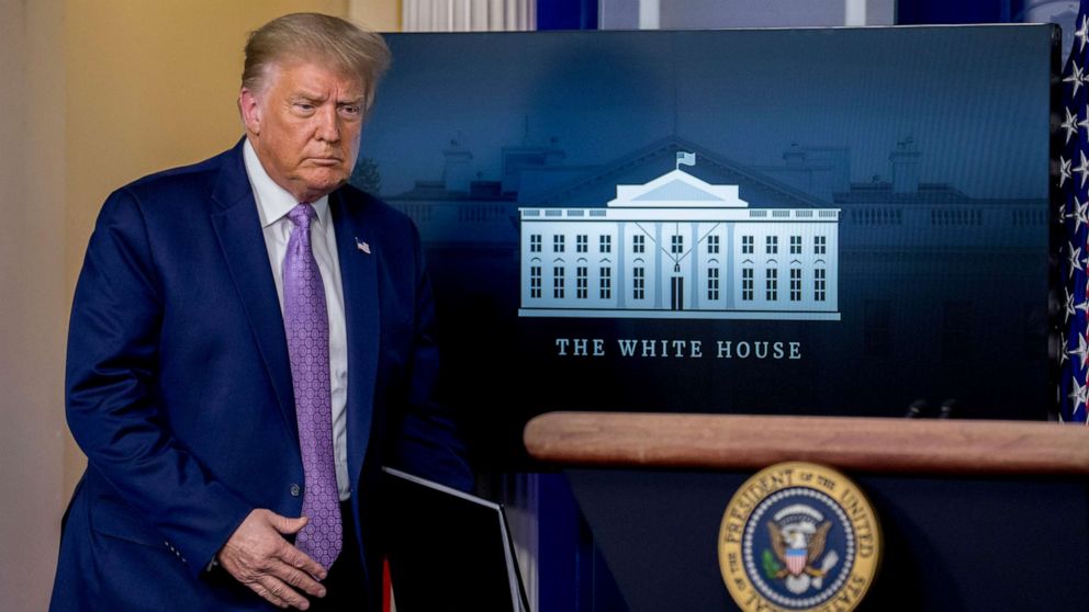 PHOTO: President Donald Trump arrives for a briefing in the James Brady Press Briefing Room of the White House, Wednesday, Aug. 5, 2020 in Washington.