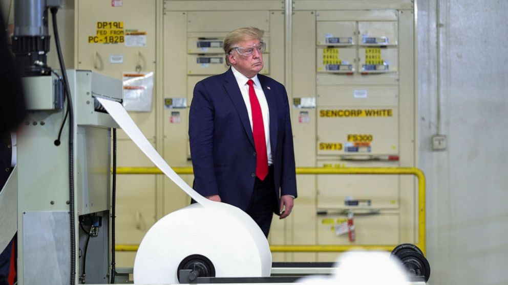 PHOTO: President Donald Trump tours the assembly line of a Honeywell facility manufacturing protective face masks for the coronavirus disease (COVID-19) pandemic in Phoenix, May 5, 2020.