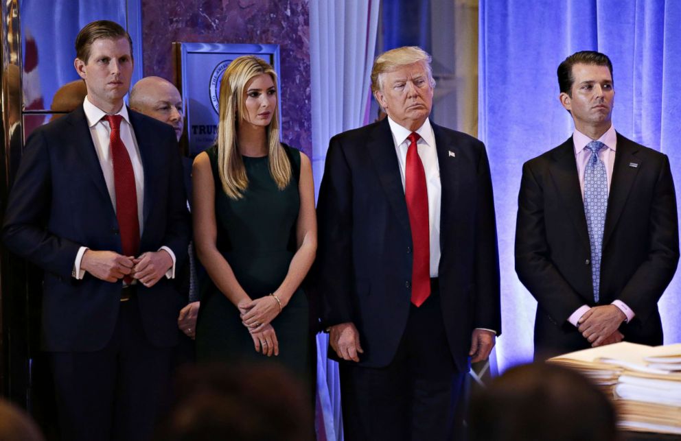 PHOTO: President-elect Donald Trump stands with, from left, Eric Trump, Ivanka Trump and Donald Trump Jr. before he speaks at a press conference at Trump Tower on Jan. 11, 2017, in New York City.